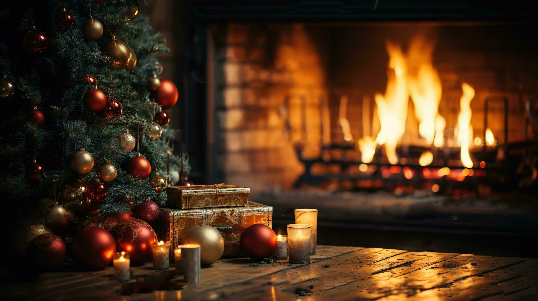 festive christmas tree with fireplace background cozy holiday decor in a warm living room